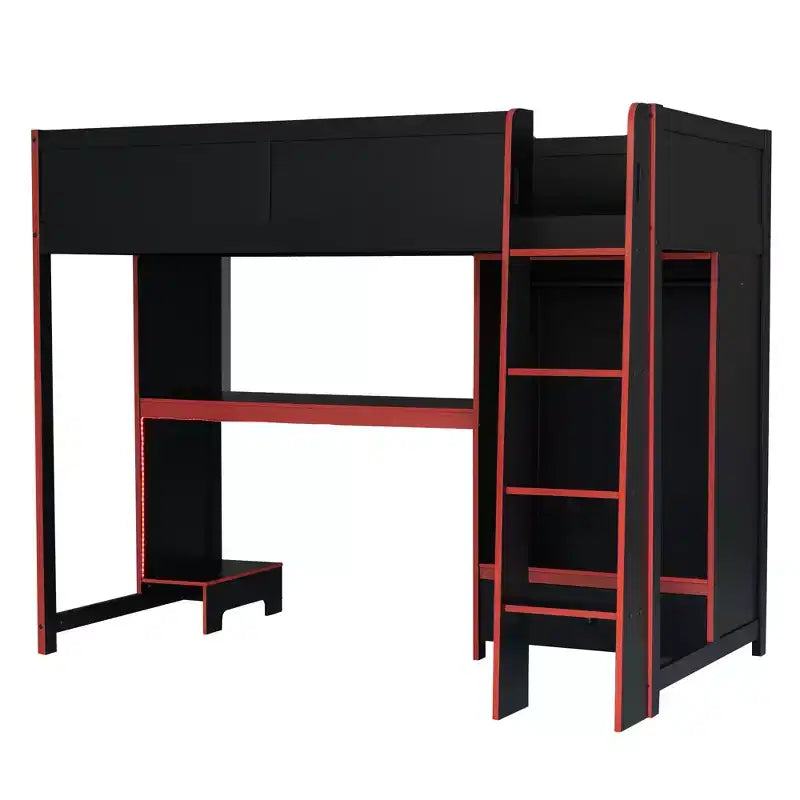 Twin/Full Gaming Loft Bed with Desk and LED Lights, Wood Loft Bed with Built-in Wardrobe and Drawers