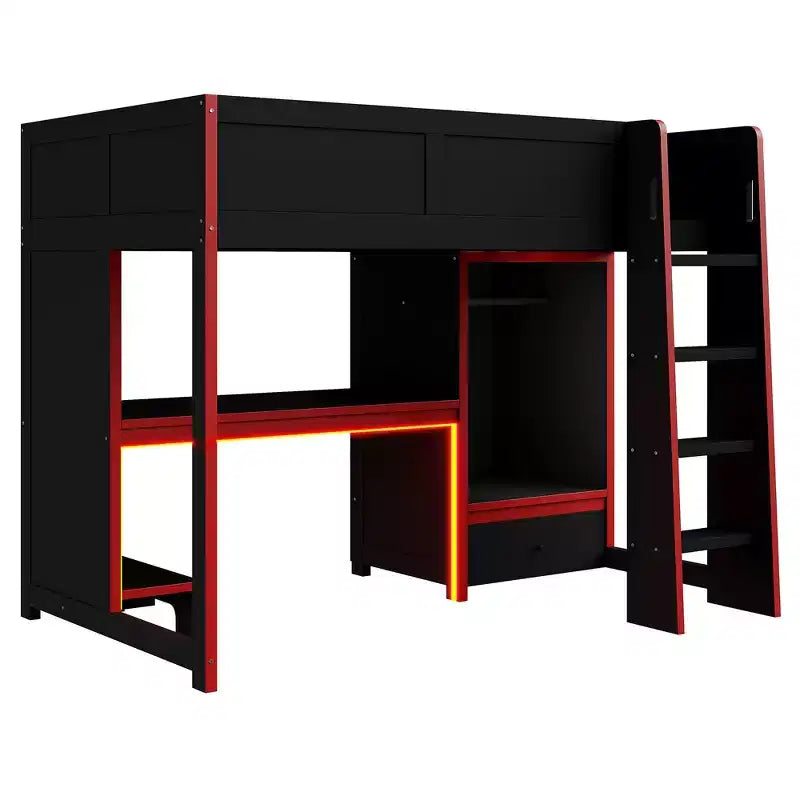 Twin/Full Gaming Loft Bed with Desk and LED Lights, Wood Loft Bed with Built-in Wardrobe and Drawers