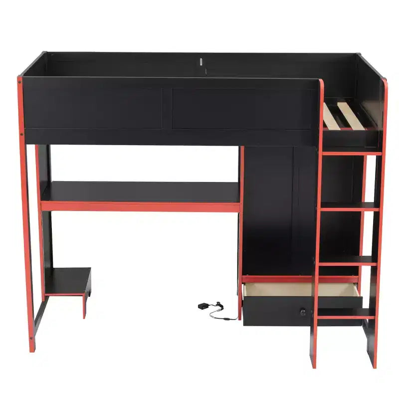 Twin/Full Gaming Loft Bed with Desk and LED Lights, Wood Loft Bed with Built-in Wardrobe and Drawers