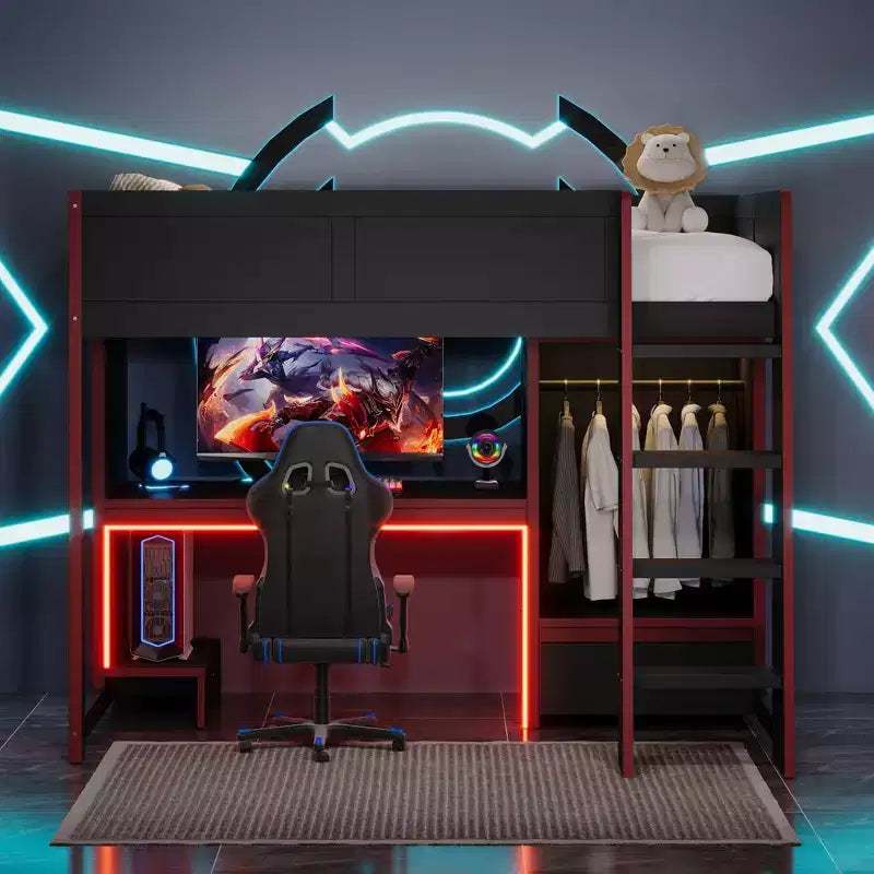 Twin/Full Gaming Loft Bed with Desk and LED Lights, Wood Loft Bed with Built-in Wardrobe and Drawers