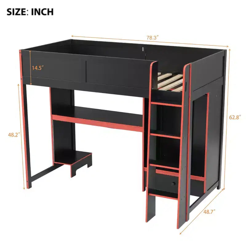 Twin/Full Gaming Loft Bed with Desk and LED Lights, Wood Loft Bed with Built-in Wardrobe and Drawers