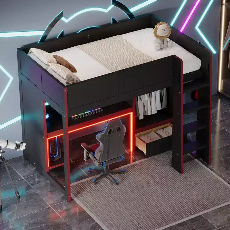 Twin/Full Gaming Loft Bed with Desk and LED Lights, Wood Loft Bed with Built-in Wardrobe and Drawers