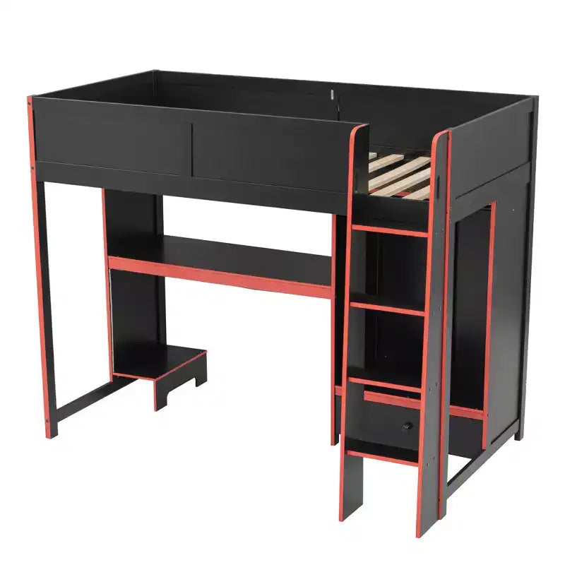 Twin/Full Gaming Loft Bed with Desk and LED Lights, Wood Loft Bed with Built-in Wardrobe and Drawers