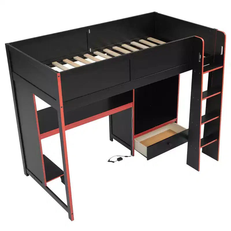 Twin/Full Gaming Loft Bed with Desk and LED Lights, Wood Loft Bed with Built-in Wardrobe and Drawers
