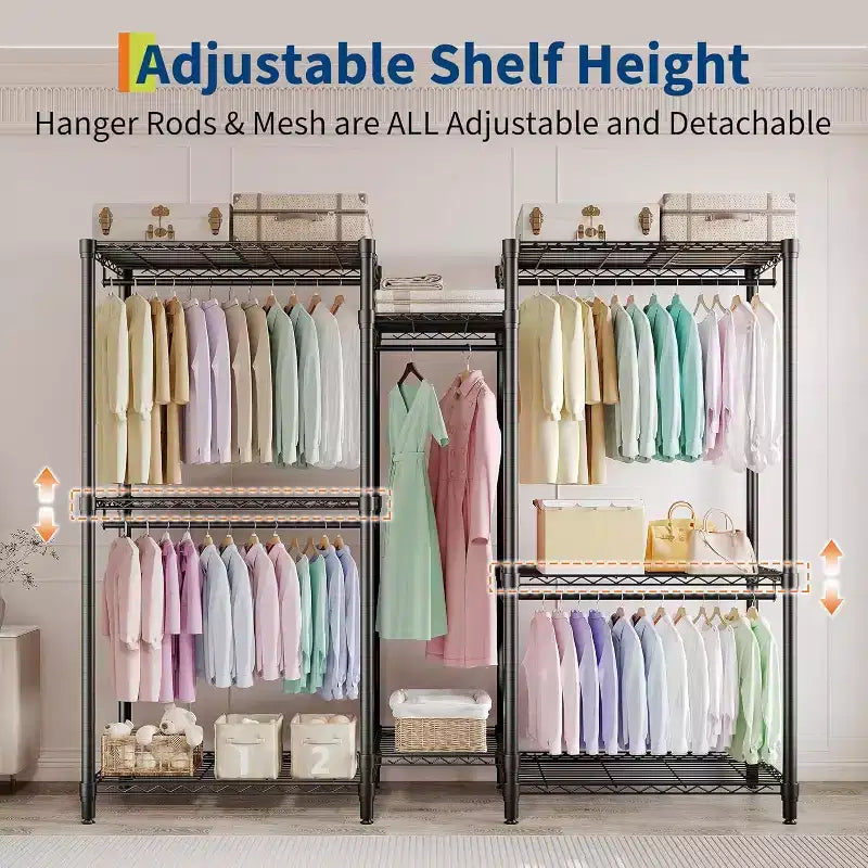 Heavy Duty Clothes Rack,Freestanding Clothes Rack with Shelves& Hanger,Wardrobe Clothes Organizer For Bedroom&Laundry Room,Max Load 500 LBS
