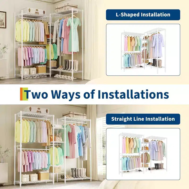 Heavy Duty Clothes Rack,Freestanding Clothes Rack with Shelves& Hanger,Wardrobe Clothes Organizer For Bedroom&Laundry Room,Max Load 500 LBS