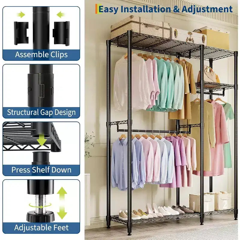 Heavy Duty Clothes Rack,Freestanding Clothes Rack with Shelves& Hanger,Wardrobe Clothes Organizer For Bedroom&Laundry Room,Max Load 500 LBS