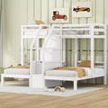Triple Bunk Bed with Storages Staircase, Wood Twin Over Twin & Twin Bunk Bed Frame with Little Drawer and Storage Board for 3, White