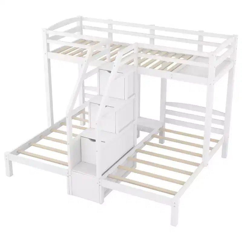 Triple Bunk Bed with Storages Staircase, Wood Twin Over Twin & Twin Bunk Bed Frame with Little Drawer and Storage Board for 3, White