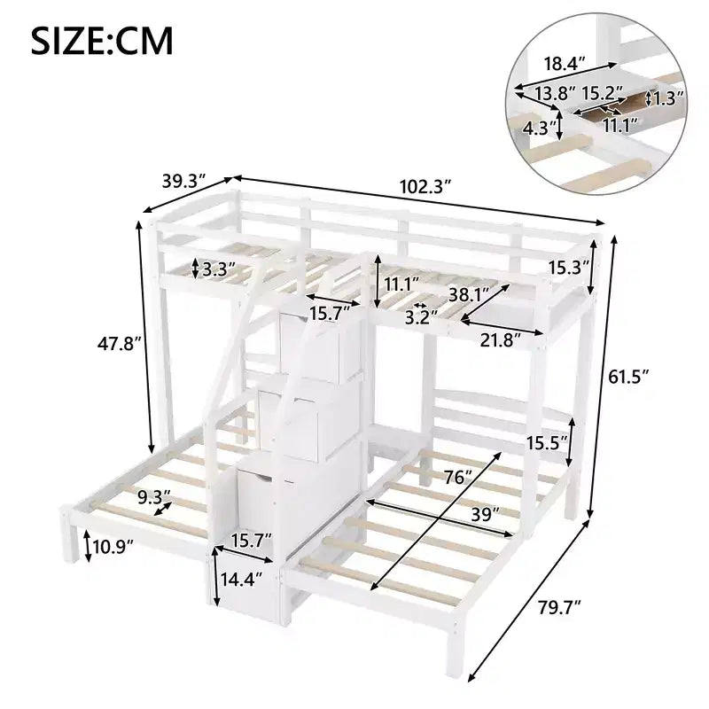 Triple Bunk Bed with Storages Staircase, Wood Twin Over Twin & Twin Bunk Bed Frame with Little Drawer and Storage Board for 3, White