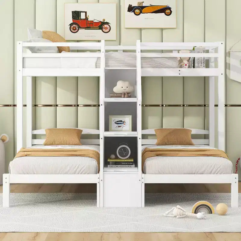 Triple Bunk Bed with Storages Staircase, Wood Twin Over Twin & Twin Bunk Bed Frame with Little Drawer and Storage Board for 3, White