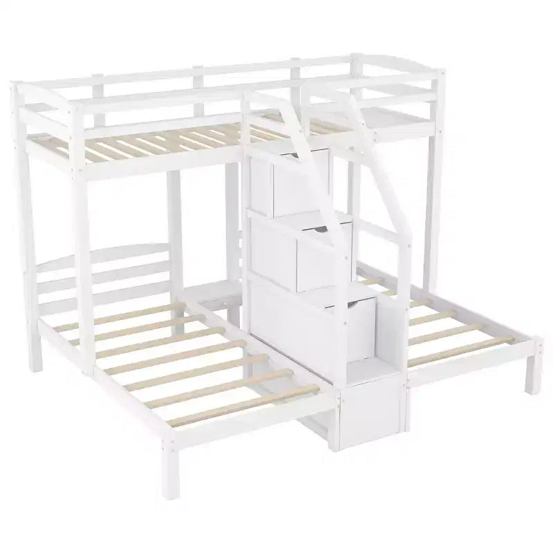 Triple Bunk Bed with Storages Staircase, Wood Twin Over Twin & Twin Bunk Bed Frame with Little Drawer and Storage Board for 3, White