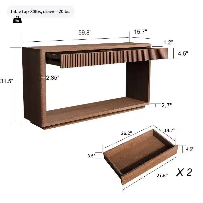JVNOXK 60-inch Modern Double-Drawer Recessed-Edge Side Table, Natural Wood Finish, Can Serve as a Sofa Table, Suitable for Living Rooms, Walnut Color