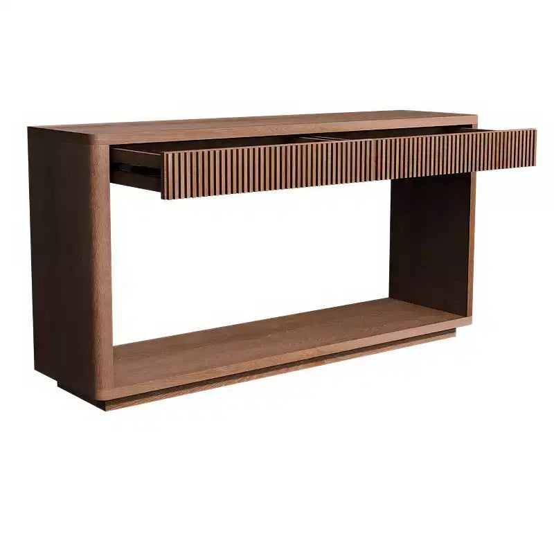 JVNOXK 60-inch Modern Double-Drawer Recessed-Edge Side Table, Natural Wood Finish, Can Serve as a Sofa Table, Suitable for Living Rooms, Walnut Color