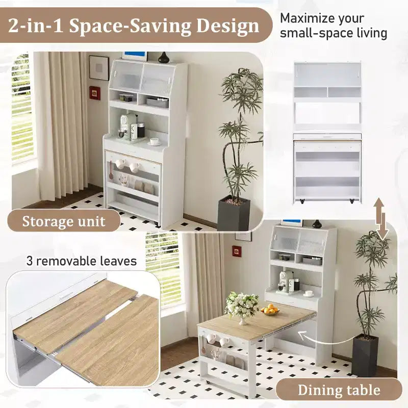 GDFStudio Henry Versatile Buffet Hutch with Foldable Dining Table, Storage Shelf and Side Hooks