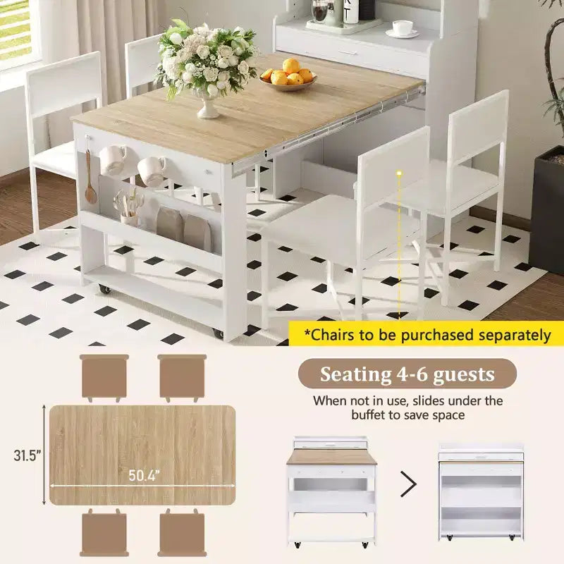 GDFStudio Henry Versatile Buffet Hutch with Foldable Dining Table, Storage Shelf and Side Hooks