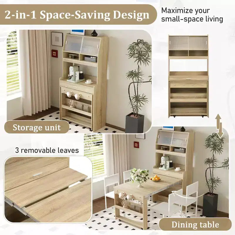 GDFStudio Henry Versatile Buffet Hutch with Foldable Dining Table, Storage Shelf and Side Hooks