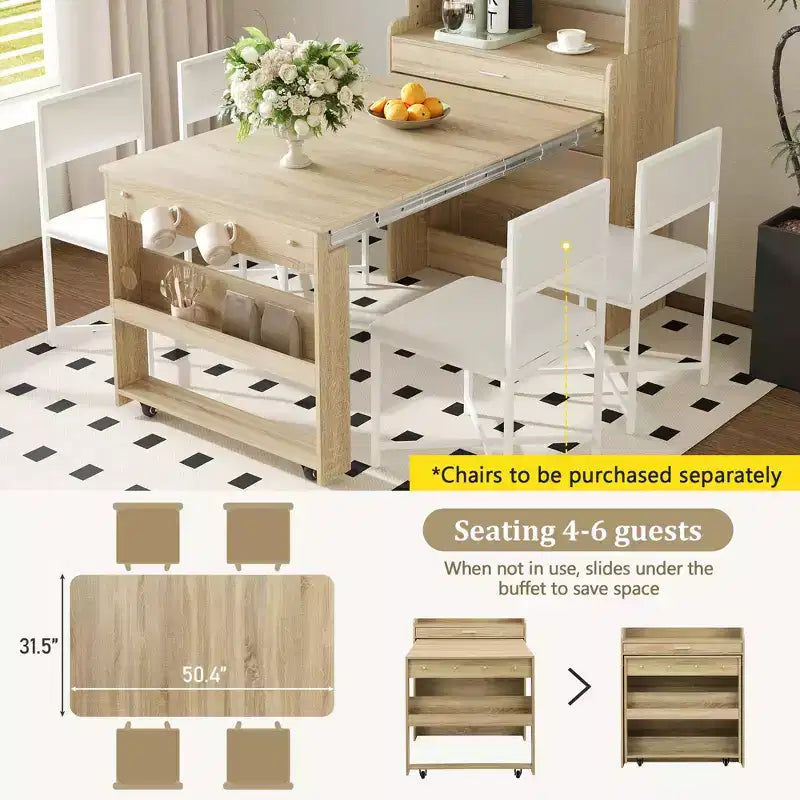 GDFStudio Henry Versatile Buffet Hutch with Foldable Dining Table, Storage Shelf and Side Hooks