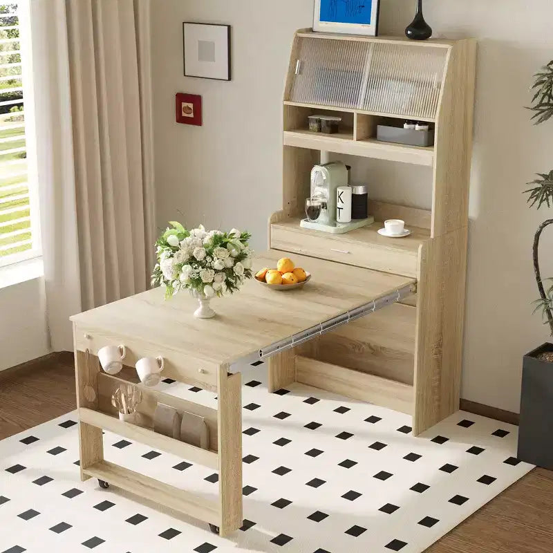 GDFStudio Henry Versatile Buffet Hutch with Foldable Dining Table, Storage Shelf and Side Hooks