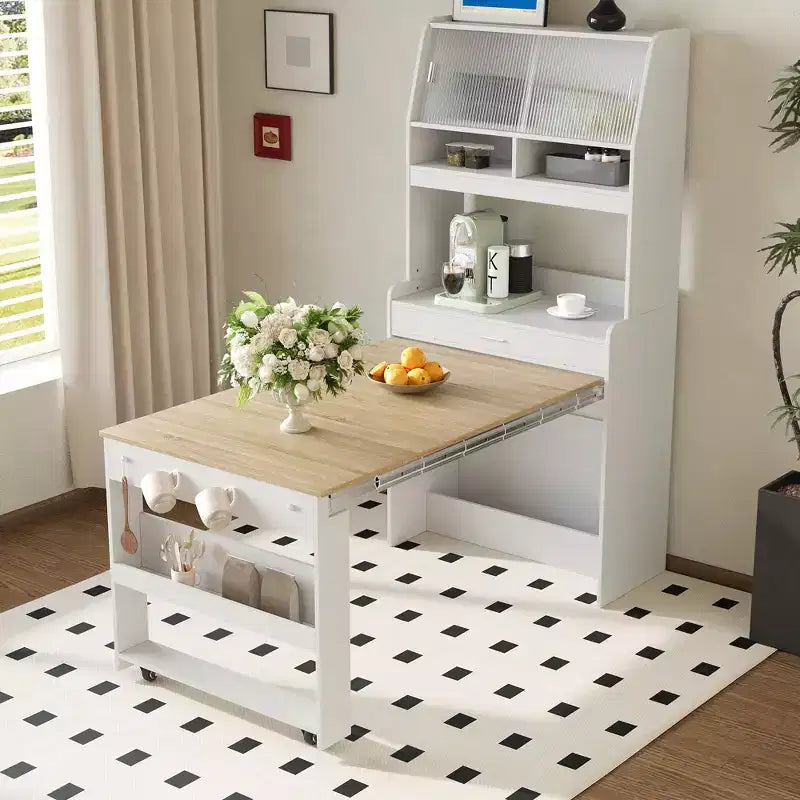 GDFStudio Henry Buffet polyvalent avec table à manger pliable, étagère de rangement et crochets latéraux