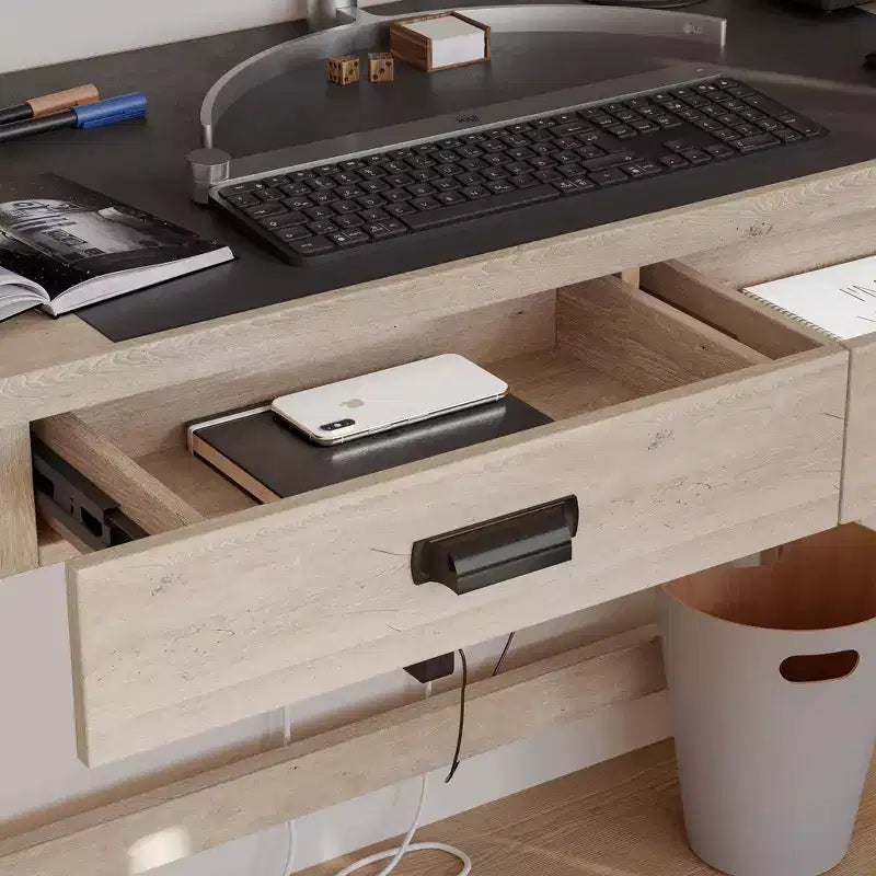 Rustic Farmhouse Office Desk - 2 Spacious Drawers, Bin-Style Pulls, Pre-Assembled Drawer Box, Adjustable Levelers, Natural Oak Finish