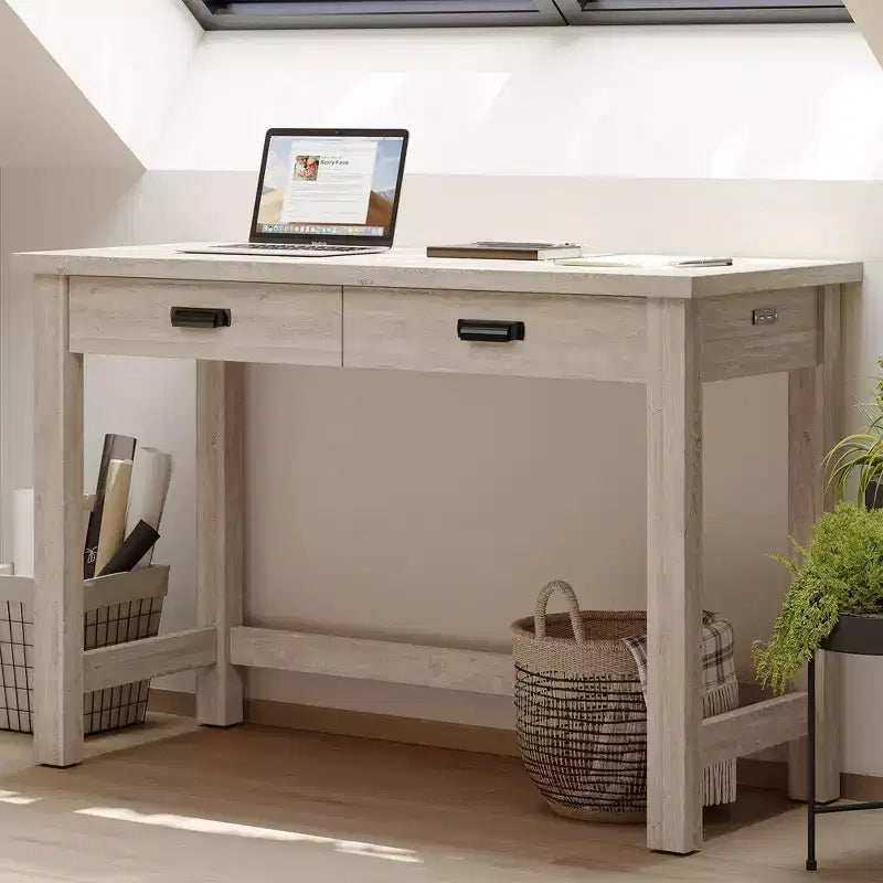 Rustic Farmhouse Office Desk - 2 Spacious Drawers, Bin-Style Pulls, Pre-Assembled Drawer Box, Adjustable Levelers, Natural Oak Finish