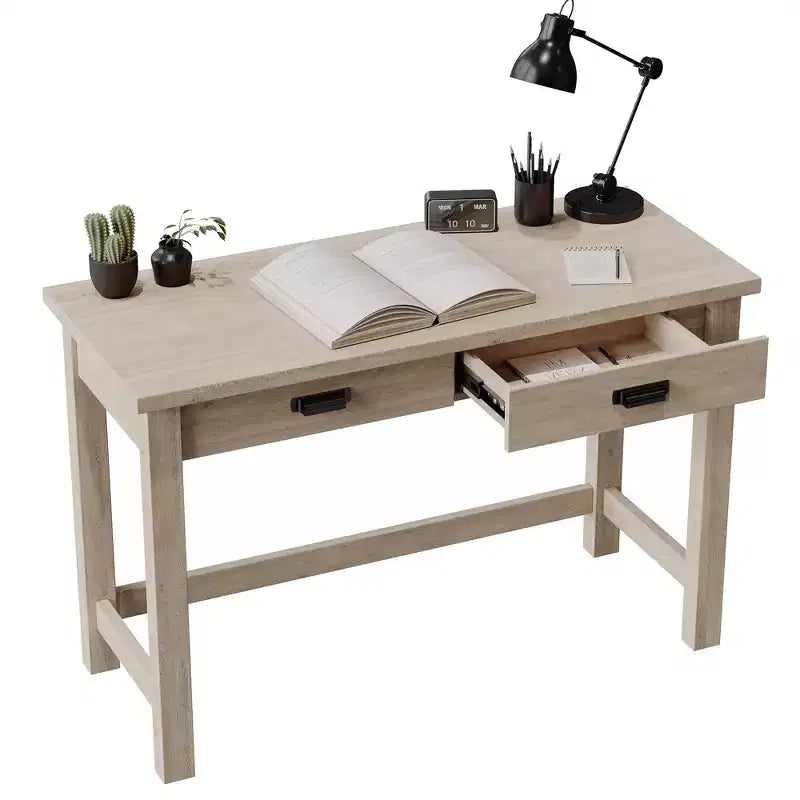 Rustic Farmhouse Office Desk - 2 Spacious Drawers, Bin-Style Pulls, Pre-Assembled Drawer Box, Adjustable Levelers, Natural Oak Finish