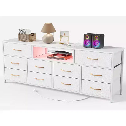 63 Inch Wide White TV Stand Dresser For 75 Inch TV 10 Drawer Fabric Storage Chest Charging Station LED Lights Media Console Bedroom Furniture Unit