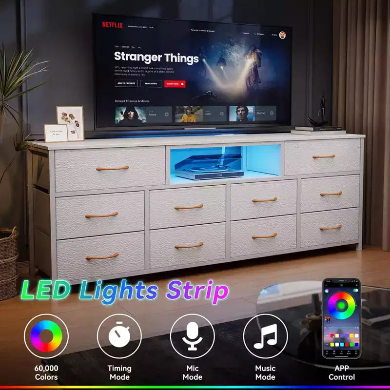 63 Inch Wide White TV Stand Dresser For 75 Inch TV 10 Drawer Fabric Storage Chest Charging Station LED Lights Media Console Bedroom Furniture Unit