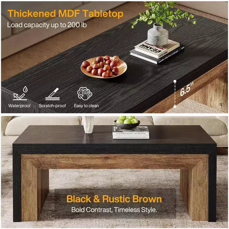 Lantine 47-Inch Coffee Table for Living Room, Mid-Century Modern Farmhouse Center with Sturdy Base for Apartment, Easy Assembly, Black & Walnut