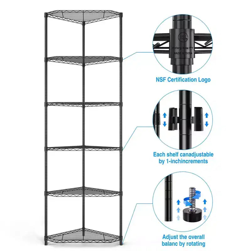 VIYET 72 6-Tier Corner Wire Shelf Rack - Black Chrome Adjustable Metal, NSF Certified 600LBS