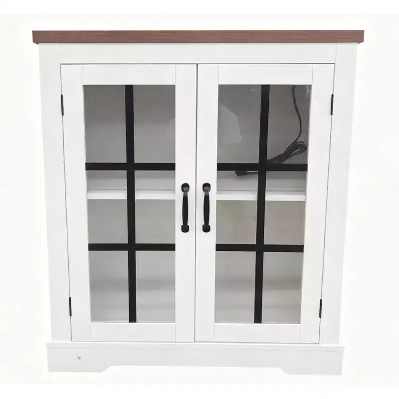 Buffet Cabinet with Storage, Sideboard Buffet with Glass Doors, Built-in Power Outlet, Black Relief Top Plate, for Kitchen, Coffee Bar, Pantry
