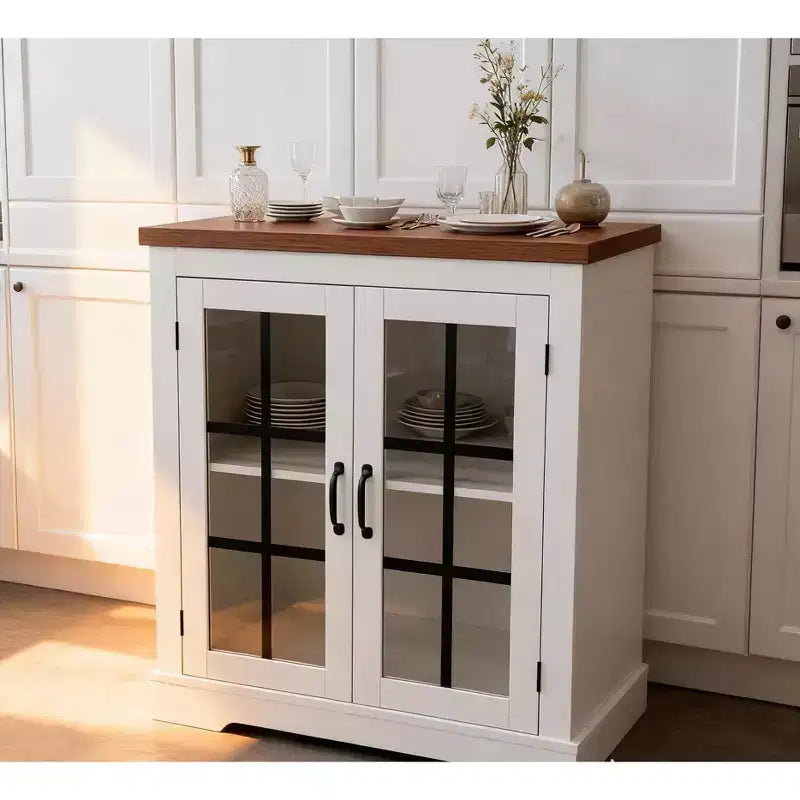 Buffet Cabinet with Storage, Sideboard Buffet with Glass Doors, Built-in Power Outlet, Black Relief Top Plate, for Kitchen, Coffee Bar, Pantry