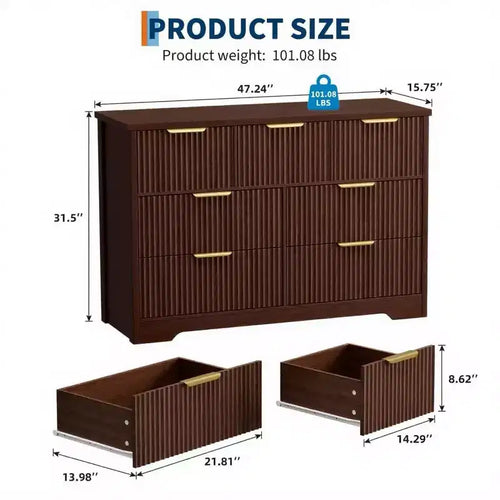 Commode à 7 tiroirs pour chambre à coucher, commode en bois de 120 cm de large avec poignées dorées, organisateur de rangement cannelé et meuble TV pour chambre à coucher