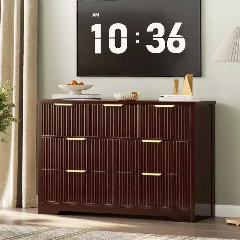 7 Drawer Dresser for Bedroom, 47W Wooden Chest of Drawers with Gold Handles, Fluted Storage Organizer & Media Console TV Stand for Bedroom