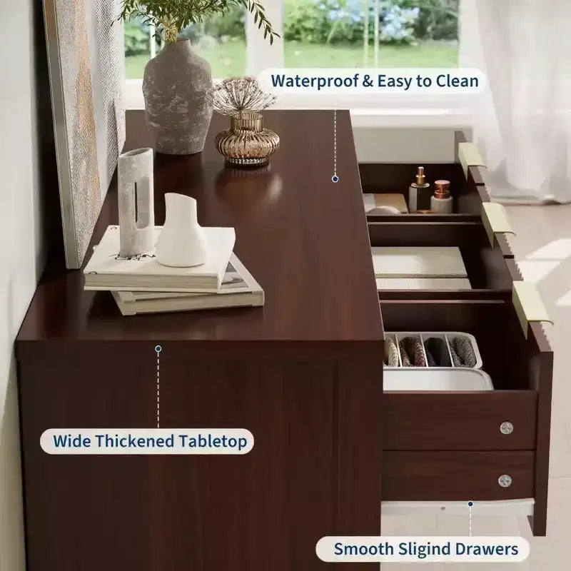 7 Drawer Dresser for Bedroom, 47W Wooden Chest of Drawers with Gold Handles, Fluted Storage Organizer & Media Console TV Stand for Bedroom