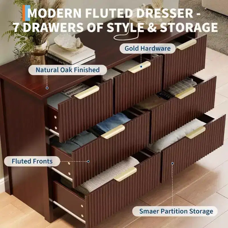 7 Drawer Dresser for Bedroom, 47W Wooden Chest of Drawers with Gold Handles, Fluted Storage Organizer & Media Console TV Stand for Bedroom