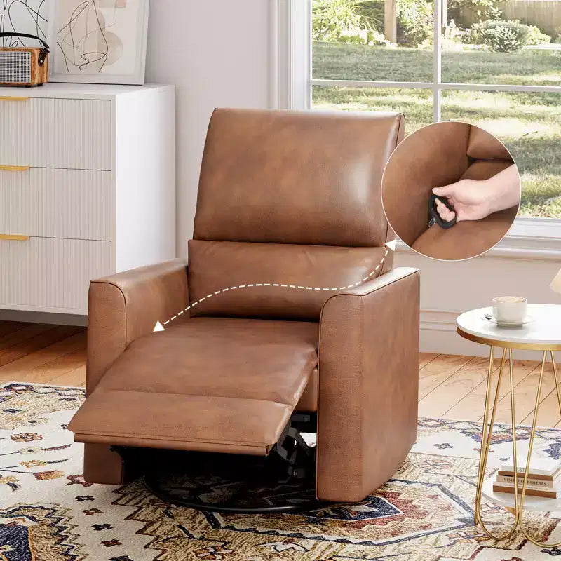 Swivel Rocking Recliner Chair, Manual Faux Leather Upholstered Glider Rocking Nursery Recliner with Lumbar Support for Living Room Bedroom