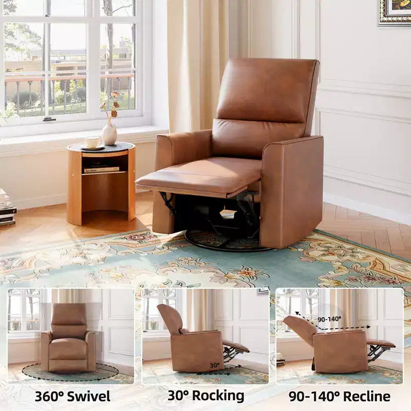 Swivel Rocking Recliner Chair, Manual Faux Leather Upholstered Glider Rocking Nursery Recliner with Lumbar Support for Living Room Bedroom