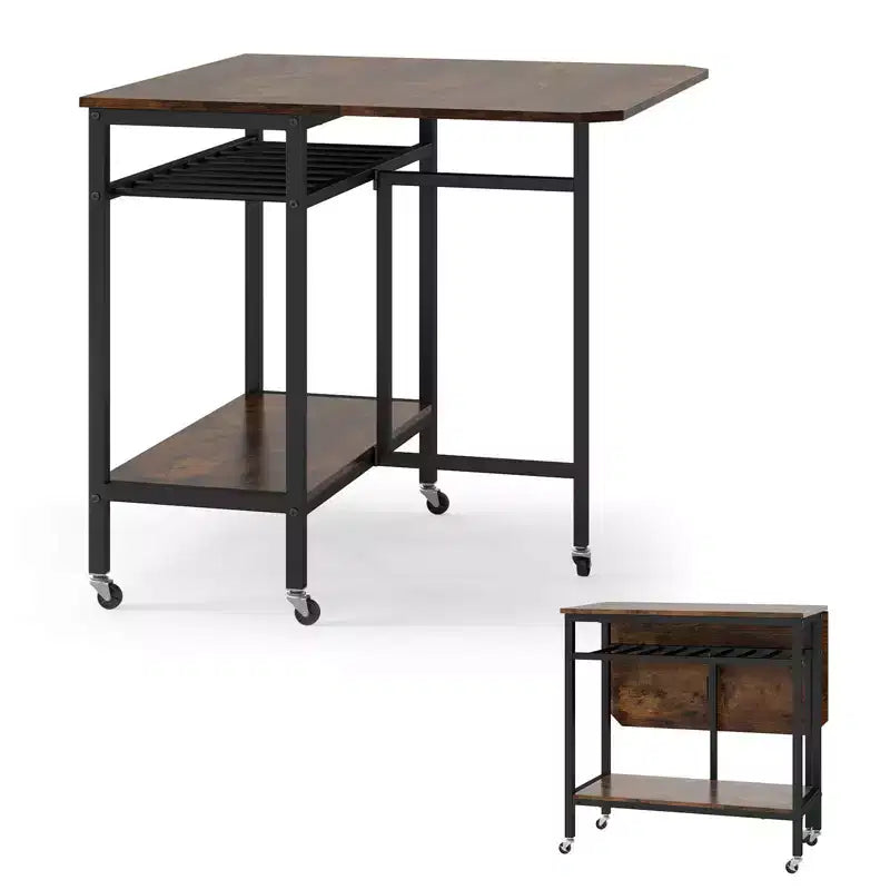 Costway Folding Dining Table Movable Kitchen Table w/ Wine Rack Storage Shelf & Wheels