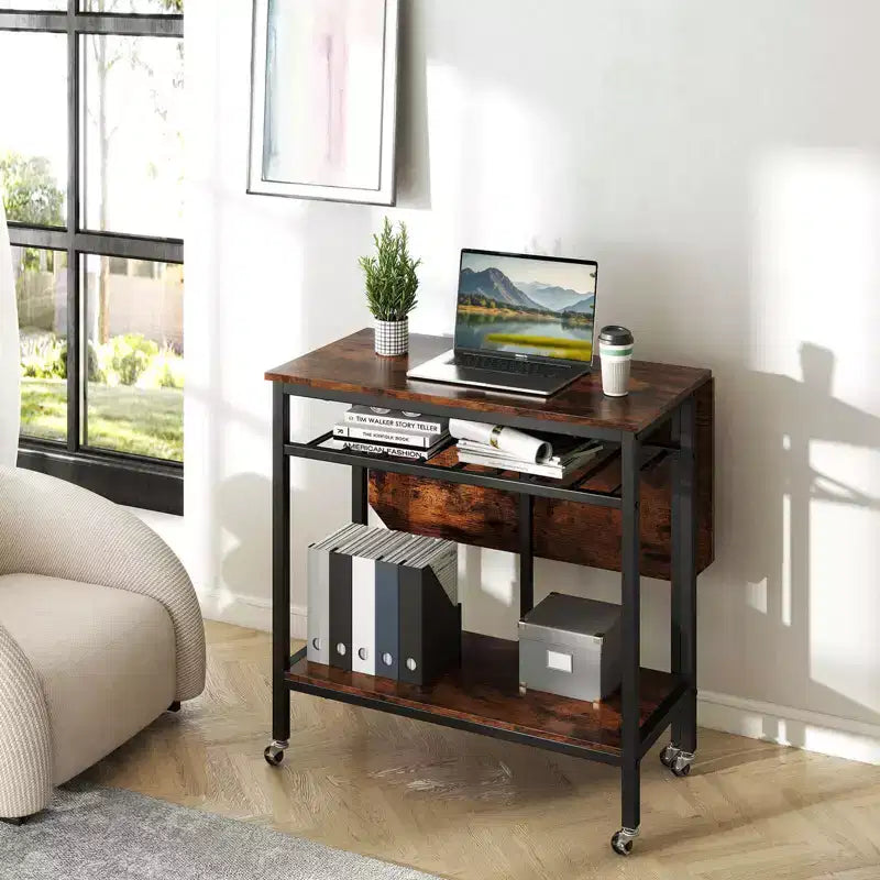 Costway Folding Dining Table Movable Kitchen Table w/ Wine Rack Storage Shelf & Wheels