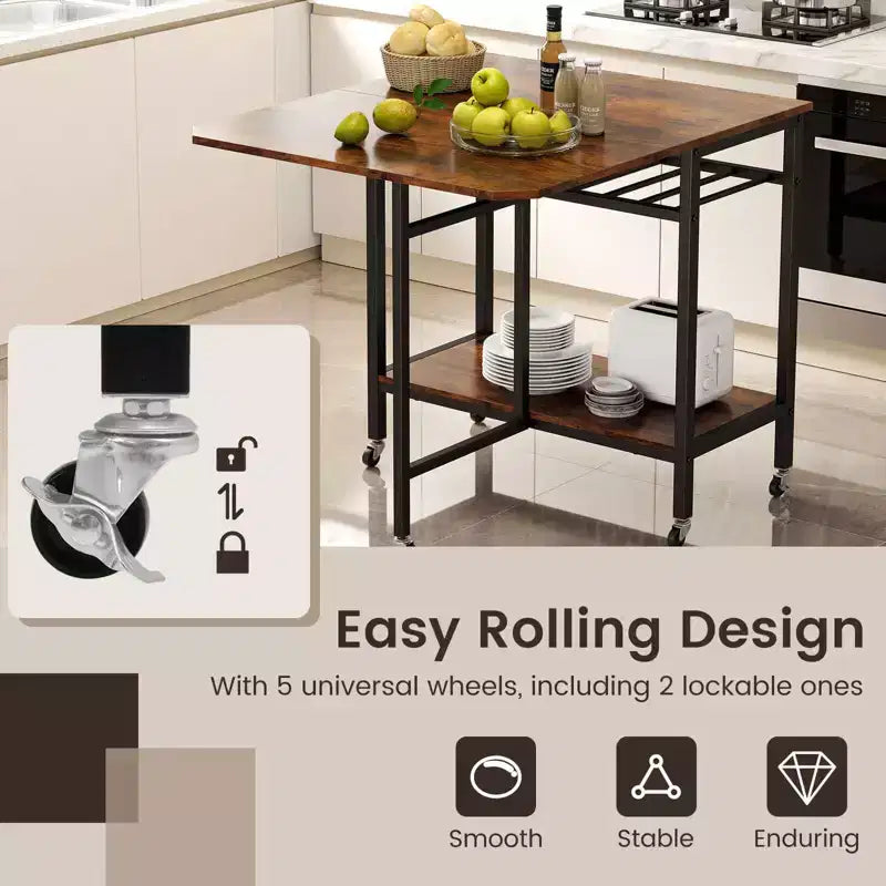 Costway Folding Dining Table Movable Kitchen Table w/ Wine Rack Storage Shelf & Wheels