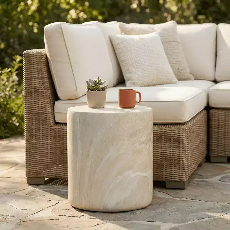 LeisureMod Vintara Round Accent Table - Brushed Stone-Style Fiberstone Side Table
