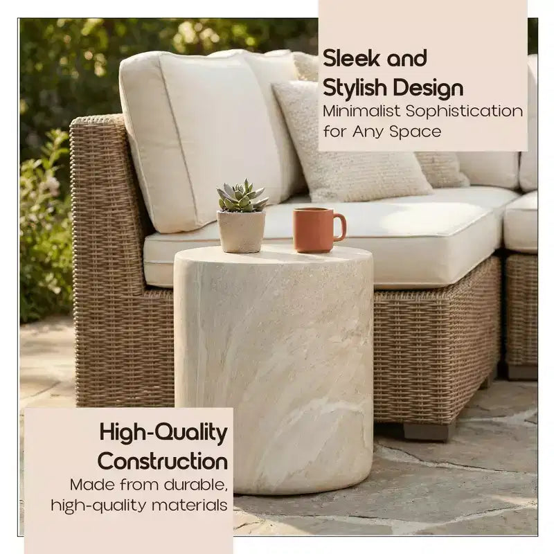 LeisureMod Vintara Round Accent Table - Brushed Stone-Style Fiberstone Side Table
