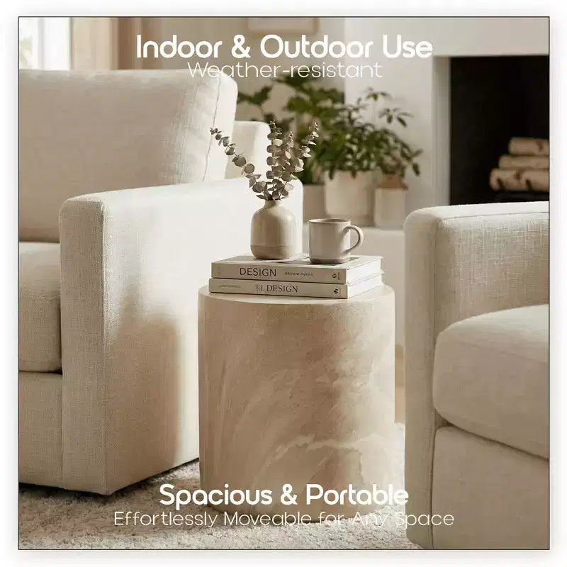 LeisureMod Vintara Round Accent Table - Brushed Stone-Style Fiberstone Side Table