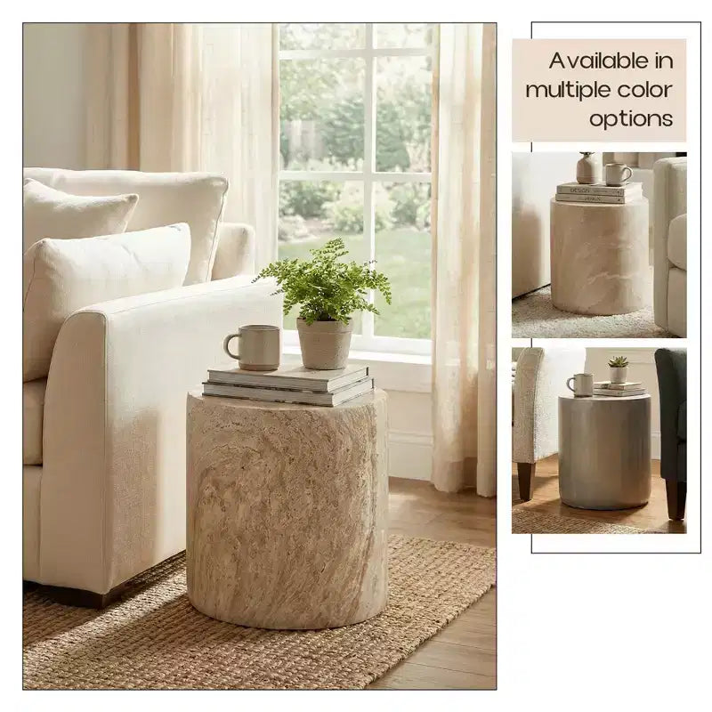 LeisureMod Vintara Round Accent Table - Brushed Stone-Style Fiberstone Side Table