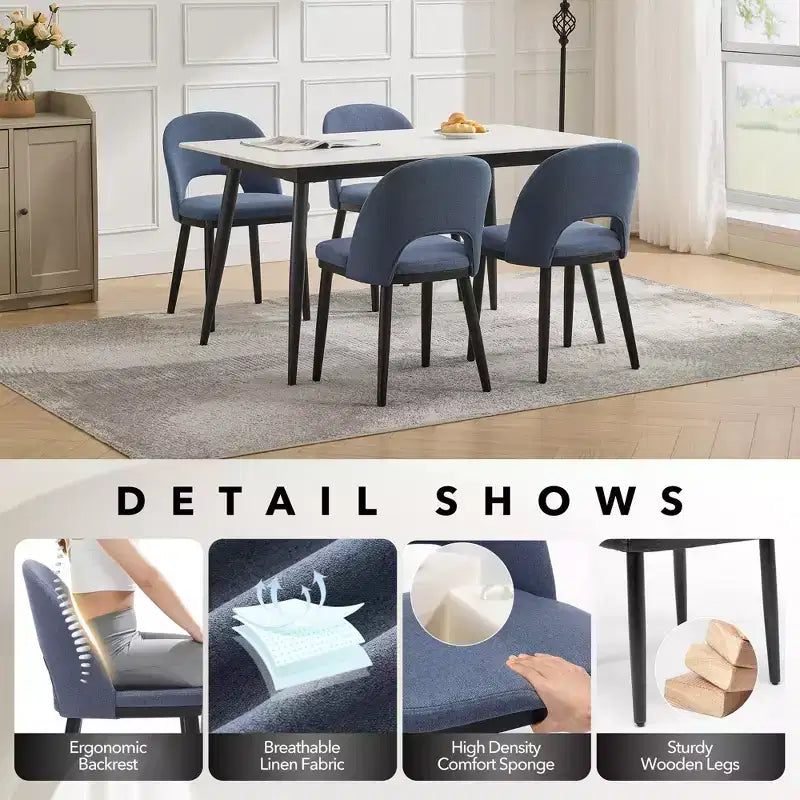 Upholstered Dining Chairs Set of 2, Modern Fabric Kitchen Side Chairs with Thick Cushions and Wood Legs, Comfy Chairs with Curved Backrest