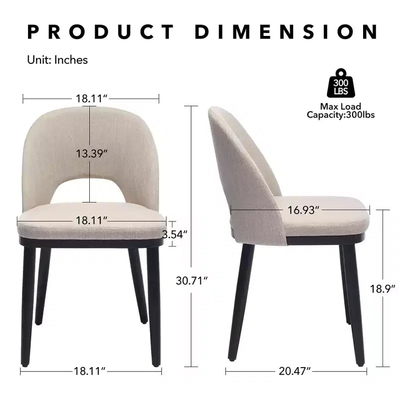 Upholstered Dining Chairs Set of 2, Modern Fabric Kitchen Side Chairs with Thick Cushions and Wood Legs, Comfy Chairs with Curved Backrest