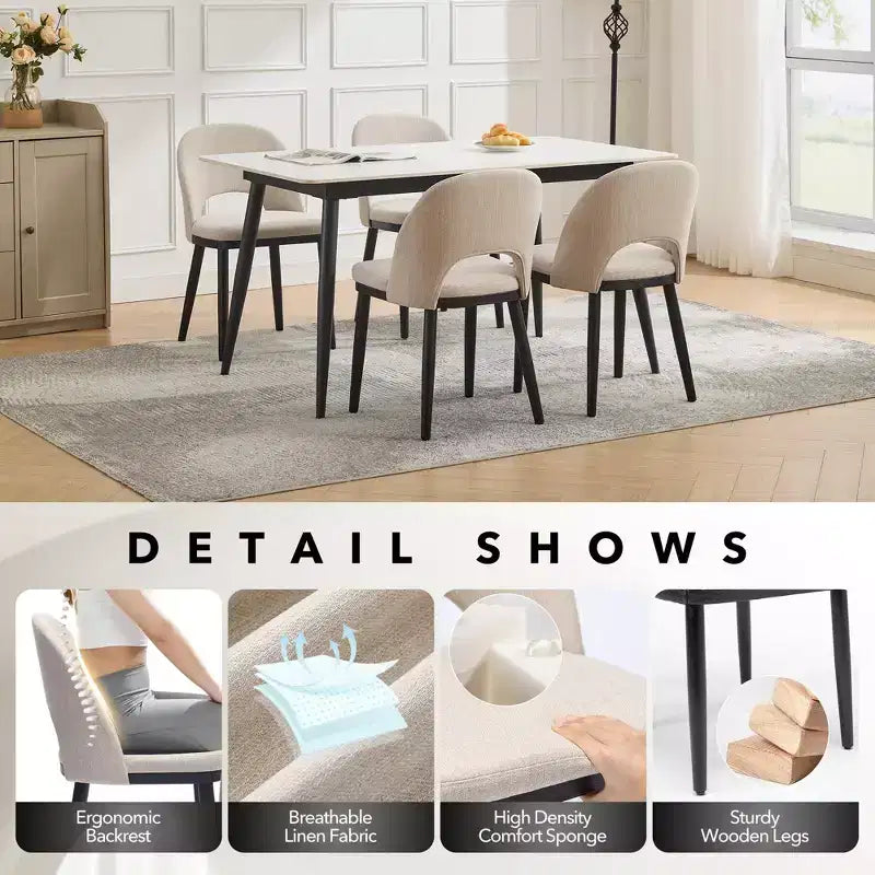 Upholstered Dining Chairs Set of 2, Modern Fabric Kitchen Side Chairs with Thick Cushions and Wood Legs, Comfy Chairs with Curved Backrest