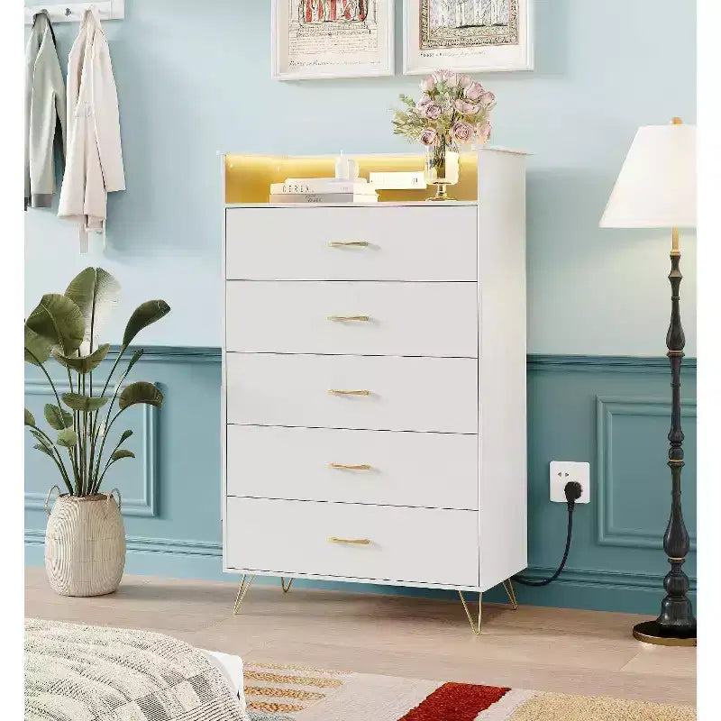 Modern 5-Drawer Tall Dresser for Bedroom, Wood Chest of Drawers with Silent Closing Slides, Water-Resistant White Storage Organizer for Hallway